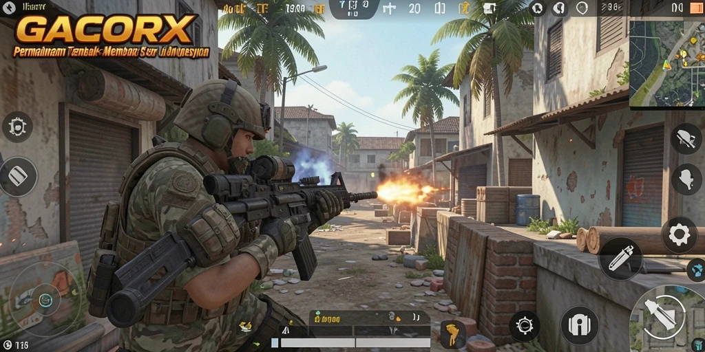 Tampilan gameplay GACORX dengan aksi tembak-menembak yang mendebarkan.