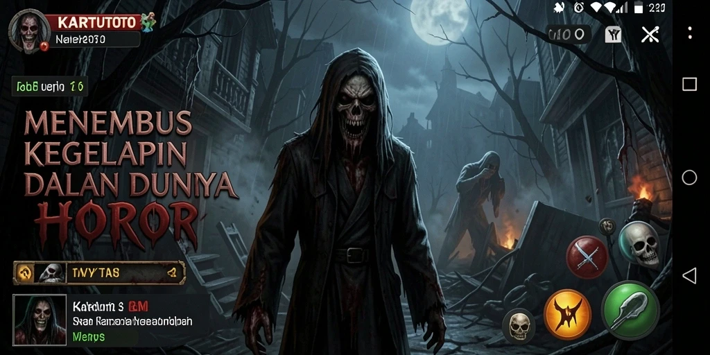 Screenshot gameplay KARTUTOTO menampilkan suasana mencekam dan karakter seram.