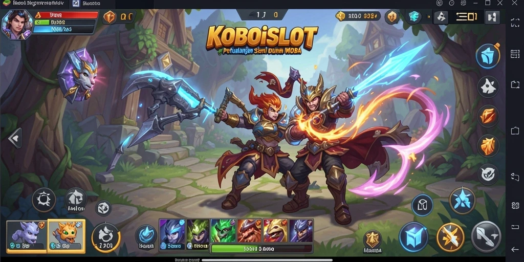 Screenshot gameplay KOBOISLOT menampilkan pertarungan seru antara hero.