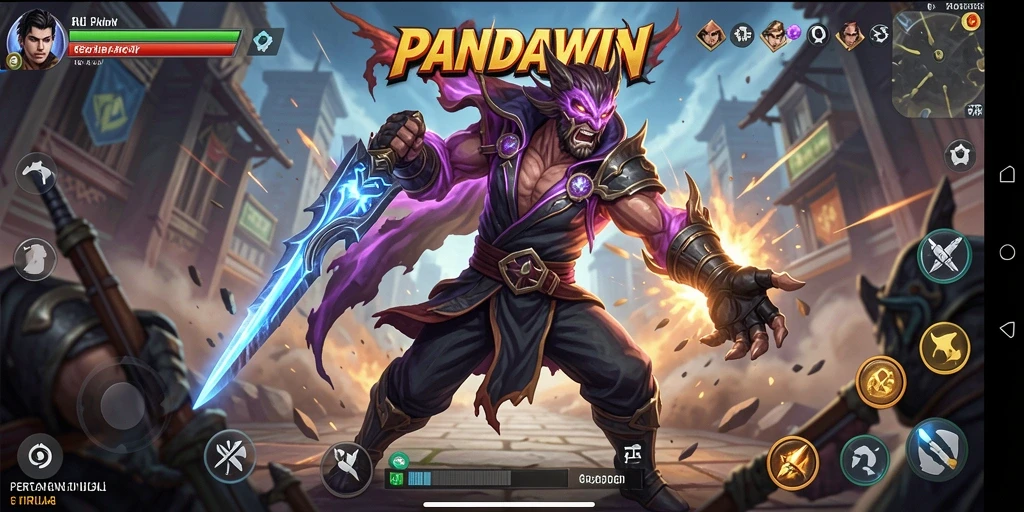 Screenshot gameplay PANDAWIN yang menampilkan pertarungan mendebarkan antara karakter.