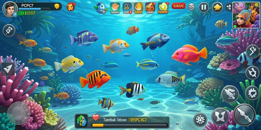 Screenshot PCPC7 menunjukkan aksi seru menembak ikan.
