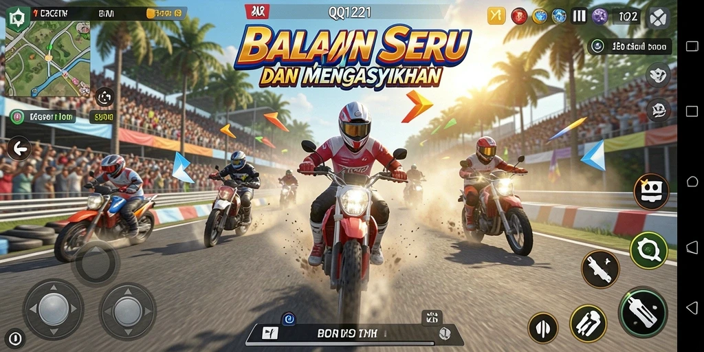 Screenshot gameplay QQ1221 menampilkan perlombaan penuh aksi dan kecepatan.