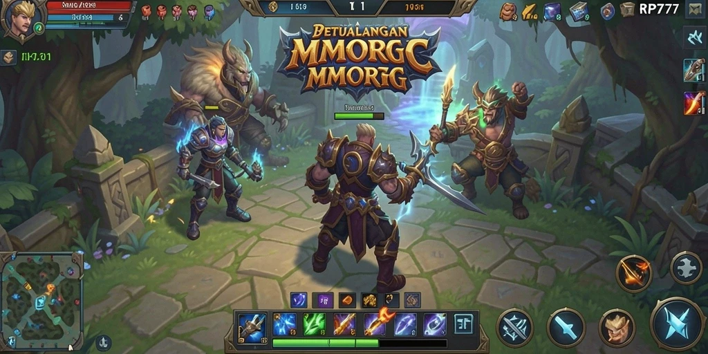 Screenshot utama RP777 menunjukkan pertarungan epik dalam gameplay MMORPG yang mendebarkan.