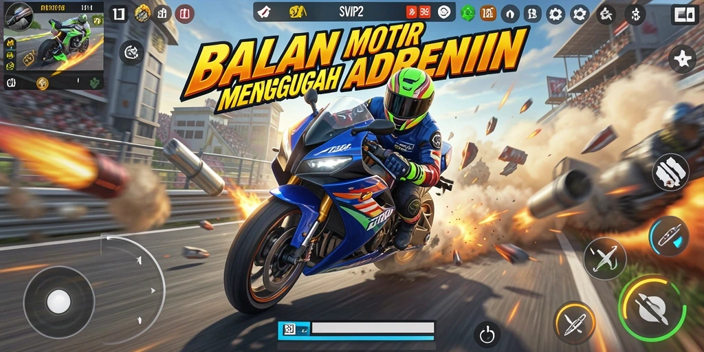 Tangkapan layar SVIP2 menunjukkan aksi balapan motor yang mendebarkan.