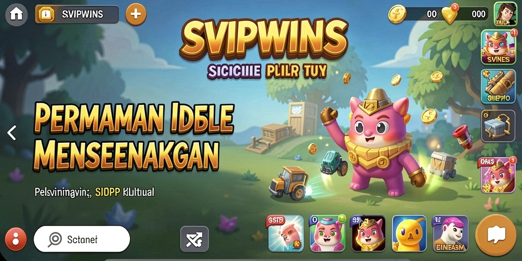 Tampilan gameplay SVIPWINS yang menarik dengan karakter mengumpulkan sumber daya secara otomatis.